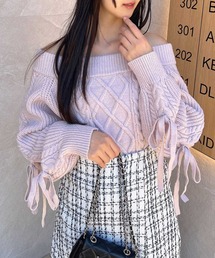 袖リボンオフショルケーブルニット
