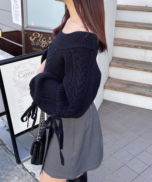 セール】袖リボンオフショルケーブルニット（ニット/セーター）｜INGNI