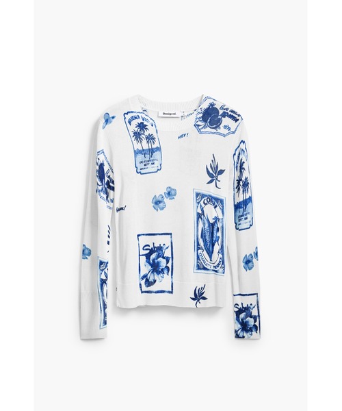 Desigual(デシグアル)の「フラワーポストカード プリントニット ガーリー(ニット/セーター・レディース・ホワイト/ブルー・XS/S/M/L/XL)」の2枚目の写真