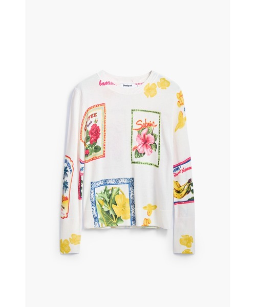 Desigual(デシグアル)の「フラワーポストカード プリントニット ガーリー(ニット/セーター・レディース・ホワイト/ブルー・XS/S/M/L/XL)」の3枚目の写真