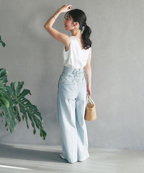 La boutique BonBon バックレースアップデニムワイドパンツ 美脚見え】バックレースアップデニムワイドパンツ（デニムパンツ