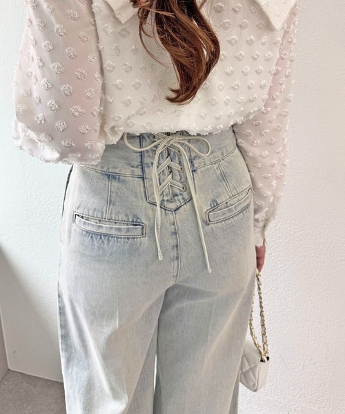 SALE【新品】ラ ブティックボンボン 美脚 バックレースアップデニムパンツ セール】【美脚見え】バックレースアップデニムワイドパンツ