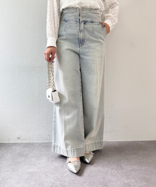 美脚見え】バックレースアップデニムワイドパンツ（デニムパンツ）｜La