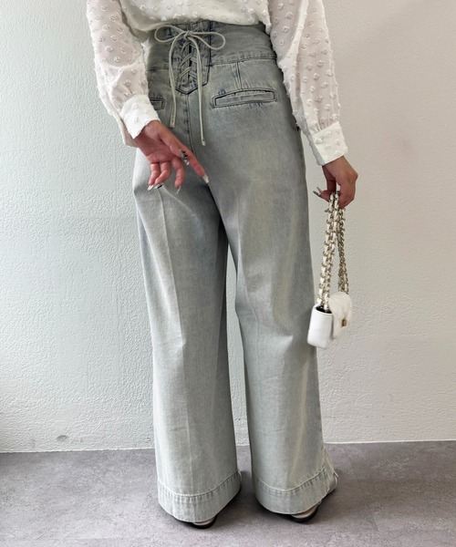 セール】【美脚見え】バックレースアップデニムワイドパンツ（デニム