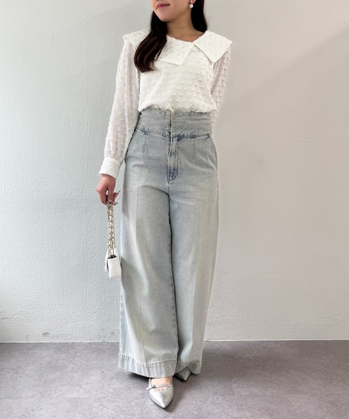 セール】【美脚見え】バックレースアップデニムワイドパンツ（デニム