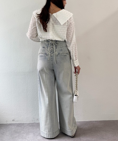 セール】【美脚見え】バックレースアップデニムワイドパンツ（デニム