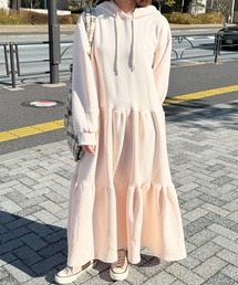 フード付きティアードスエットロングワンピース