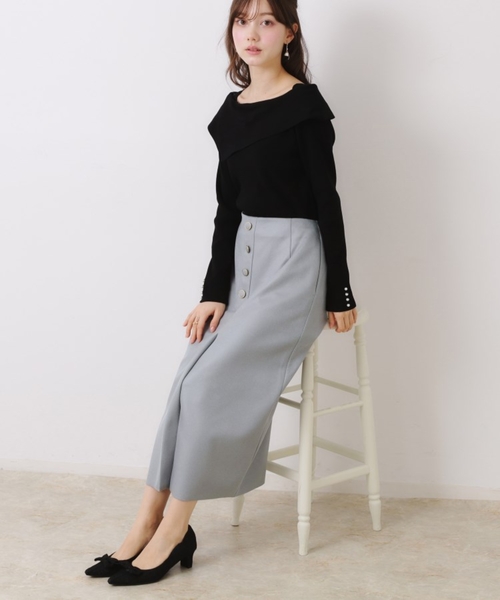 couture brooch（クチュールブローチ）の「【体のラインを拾いにくい・お仕事にも】マシュマロスエード調タイト（スカート・レディース・ライトブルー/チャコールグレー/ベビーピンク・38/40/36/42）」の3枚目の写真