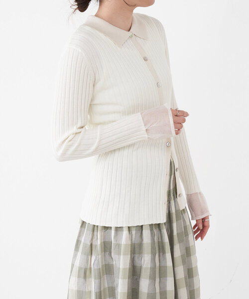 Jena espace merveilleux（ジェナ　エスパスメルヴェイユ）の「襟付き配色リブニット（ニット/セーター・レディース・チャコールグレー/オフホワイト/グリーン・FREE）」の2枚目の写真