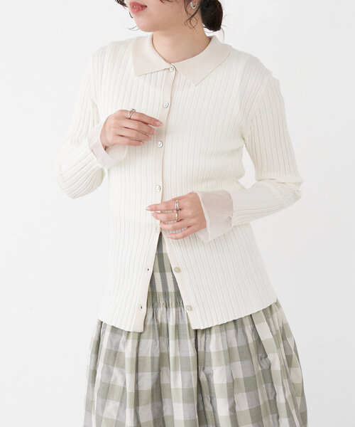 Jena espace merveilleux（ジェナ　エスパスメルヴェイユ）の「襟付き配色リブニット（ニット/セーター・レディース・チャコールグレー/オフホワイト/グリーン・FREE）」の6枚目の写真