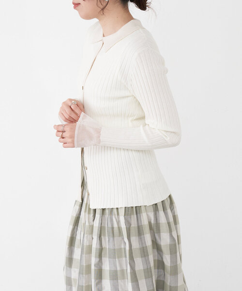 Jena espace merveilleux（ジェナ　エスパスメルヴェイユ）の「襟付き配色リブニット（ニット/セーター・レディース・チャコールグレー/オフホワイト/グリーン・FREE）」の4枚目の写真