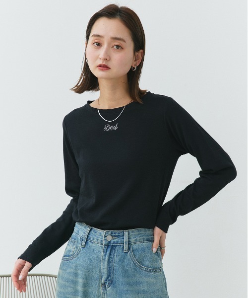ad thie(アドティエ)の「ロゴ刺繍 スムース ロングTシャツ(Tシャツ/カットソー・レディース・ピンク/アイボリー/ブラック・FREE)」の7枚目の写真