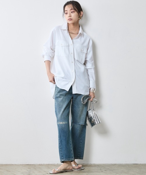 CHIC STYLE(シックスタイル)の「レーヨン麻アウトポケットシャツ<大きいサイズ有>シックスタイル(シャツ/ブラウス・レディース・オフホワイト/チャコール・5L/4L/3L/LL/L/M)」の4枚目の写真