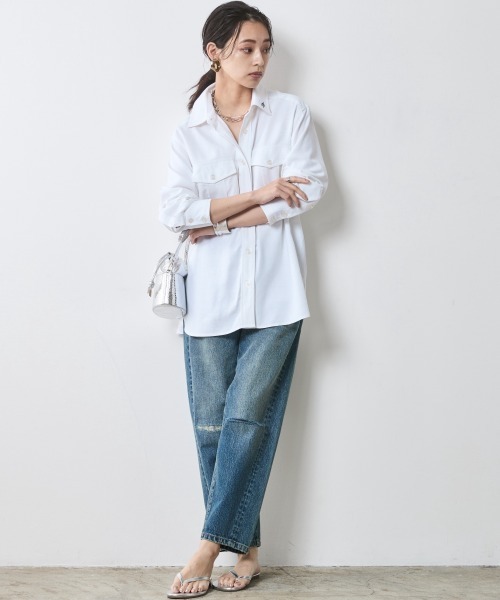 CHIC STYLE(シックスタイル)の「レーヨン麻アウトポケットシャツ<大きいサイズ有>シックスタイル(シャツ/ブラウス・レディース・オフホワイト/チャコール・5L/4L/3L/LL/L/M)」の5枚目の写真
