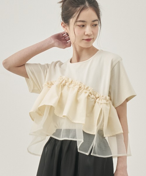 moi tytto（モイテュット）の「レース切替Tシャツ（Tシャツ/カットソー・レディース・ナチュラル/ブラック/カーキ/ブラウン・FREE）」の3枚目の写真