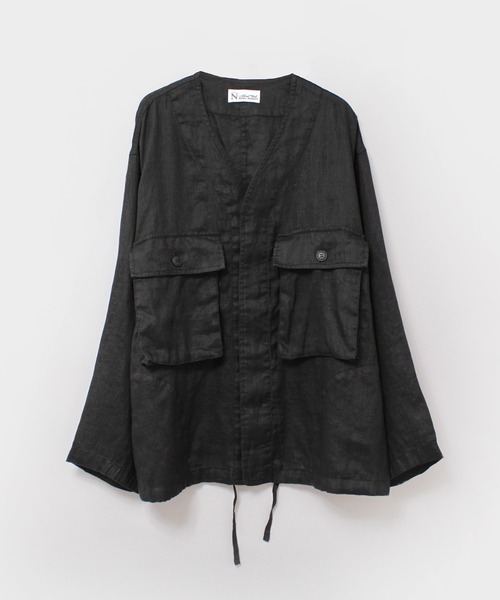 RNA-N(アールエヌエーエヌ)の「B2880 リネンワークシャツジャケット(ノーカラージャケット・レディース・ブラック/キナリ/グリーン・FREE)」の3枚目の写真