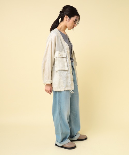 RNA-N(アールエヌエーエヌ)の「B2880 リネンワークシャツジャケット(ノーカラージャケット・レディース・ブラック/キナリ/グリーン・FREE)」の12枚目の写真