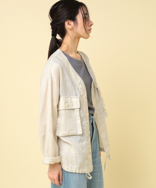 RNA-N(アールエヌエーエヌ)の「B2880 リネンワークシャツジャケット(ノーカラージャケット・レディース・ブラック/キナリ/グリーン・FREE)」の5枚目の写真