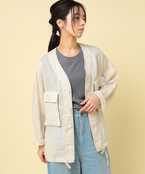 RNA-N(アールエヌエーエヌ)の「B2880 リネンワークシャツジャケット(ノーカラージャケット・レディース・ブラック/キナリ/グリーン・FREE)」の4枚目の写真