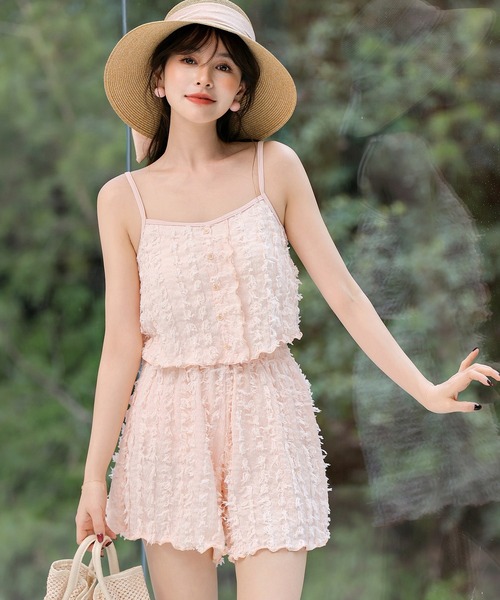 レディース水着クロップドフリンジキャミソールハイウエストビキニ+ショートパンツ上下3点セット