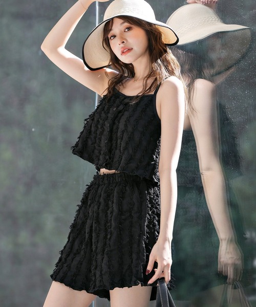 レディース水着クロップドフリンジキャミソールハイウエストビキニ+ショートパンツ上下3点セット