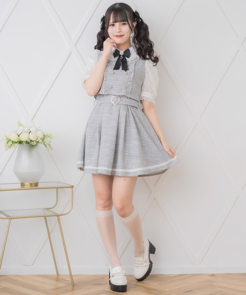 ROJITA ダブルボタンレース切替ツイードワンピース 量産型 ROJITA ワンピース ダブルボタンレース切替ツイードワンピース