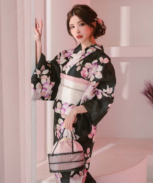 セール】浴衣セット レディース 黒緑×ニュアンス椿 ゆかた3点