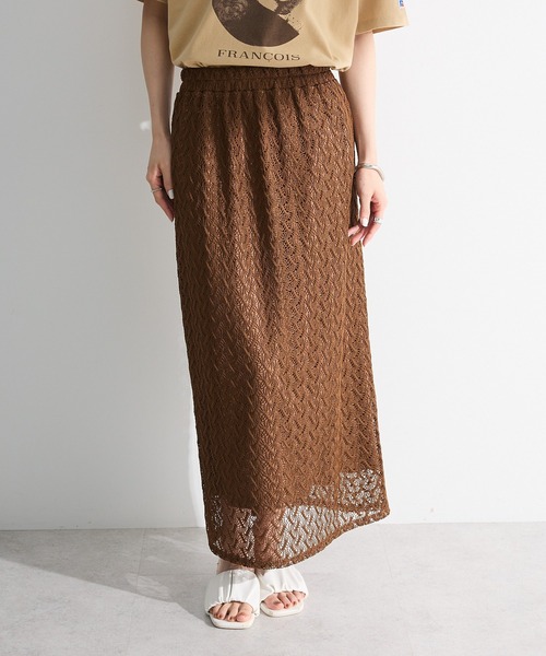 Green　Parks（グリーンパークス）の「ニットレースIラインスカート（スカート・レディース・アイボリー/グリーン/ブラウン/ブラック・FREE）」の3枚目の写真