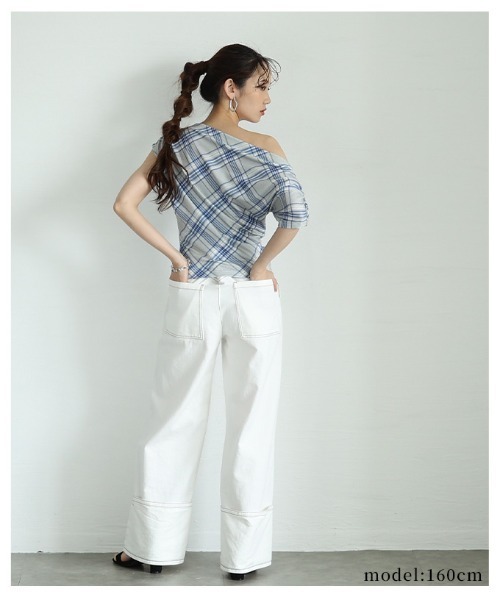 Sawa a la mode(サワアラモード)の「チェック柄ワンショルダーカットソー(Tシャツ/カットソー・レディース・ネイビー/グレー・FREE)」の10枚目の写真