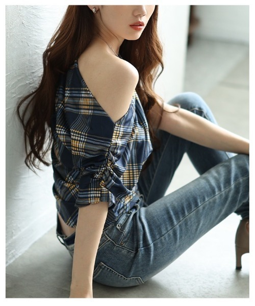 Sawa a la mode(サワアラモード)の「チェック柄ワンショルダーカットソー(Tシャツ/カットソー・レディース・ネイビー/グレー・FREE)」の17枚目の写真