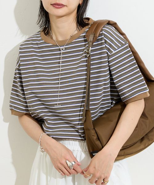 STAR&STRIPE（スターアンドストライプ）の「【STAR＆STRIPE】マルチボーダーリンガーT（Tシャツ/カットソー・レディース・ブルー/カーキ/ブラウン/ピンク・X-LARGE）」の3枚目の写真