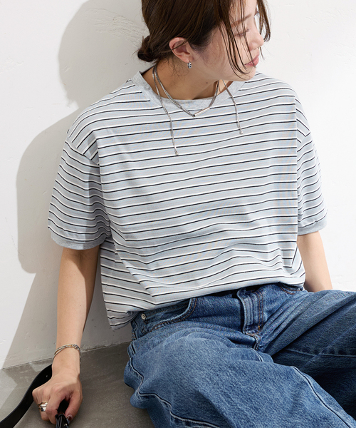 STAR&STRIPE（スターアンドストライプ）の「【STAR＆STRIPE】マルチボーダーリンガーT（Tシャツ/カットソー・レディース・ブルー/カーキ/ブラウン/ピンク・X-LARGE）」の4枚目の写真