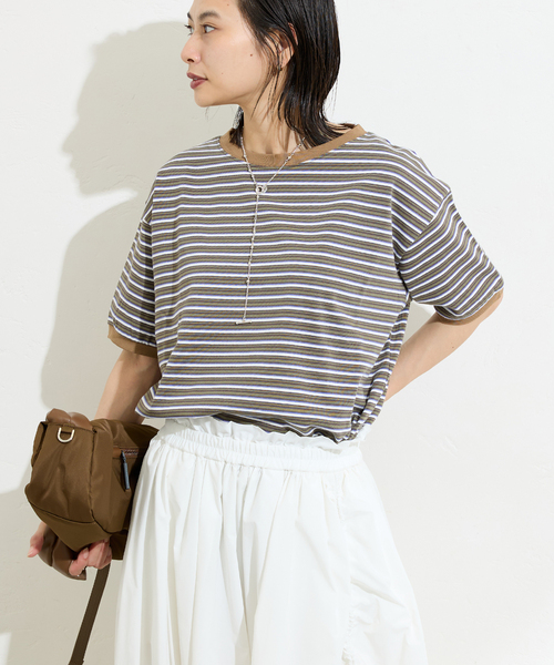 STAR&STRIPE（スターアンドストライプ）の「【STAR＆STRIPE】マルチボーダーリンガーT（Tシャツ/カットソー・レディース・ブルー/カーキ/ブラウン/ピンク・X-LARGE）」の13枚目の写真