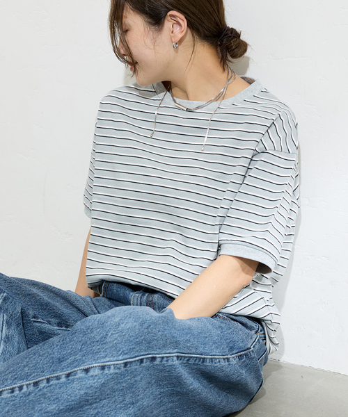 STAR&STRIPE（スターアンドストライプ）の「【STAR＆STRIPE】マルチボーダーリンガーT（Tシャツ/カットソー・レディース・ブルー/カーキ/ブラウン/ピンク・X-LARGE）」の16枚目の写真