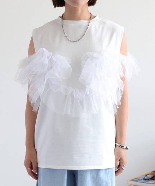 cepo(セポ)の「〈マルチウェイ〉天竺フリルチュールドッキング ノースリーブTee(Tシャツ/カットソー・レディース・オフホワイト/ブラック・M)」の14枚目の写真