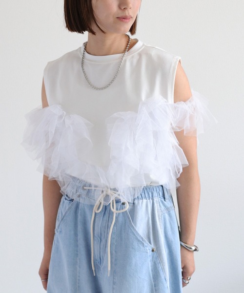 cepo(セポ)の「〈マルチウェイ〉天竺フリルチュールドッキング ノースリーブTee(Tシャツ/カットソー・レディース・オフホワイト/ブラック・M)」の10枚目の写真