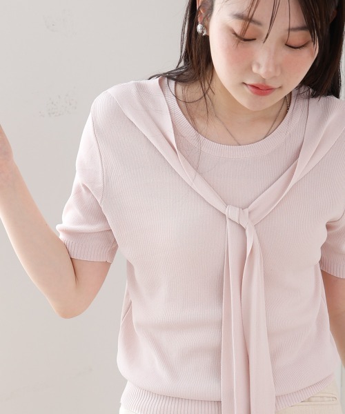 Bab(バブ)の「レイヤードデザインドッキング サマーニットトップス(ニット/セーター・レディース・アイボリー/ブラック/ピンク・M)」の1枚目の写真