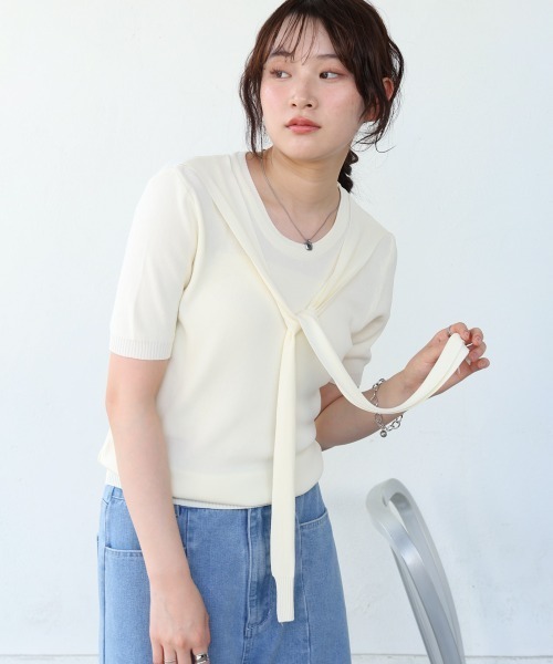 Bab(バブ)の「レイヤードデザインドッキング サマーニットトップス(ニット/セーター・レディース・アイボリー/ブラック/ピンク・M)」の2枚目の写真