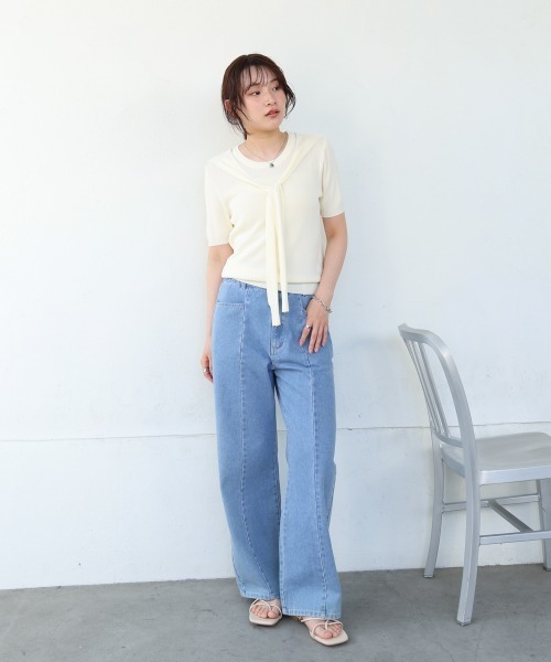 Bab(バブ)の「レイヤードデザインドッキング サマーニットトップス(ニット/セーター・レディース・アイボリー/ブラック/ピンク・M)」の5枚目の写真