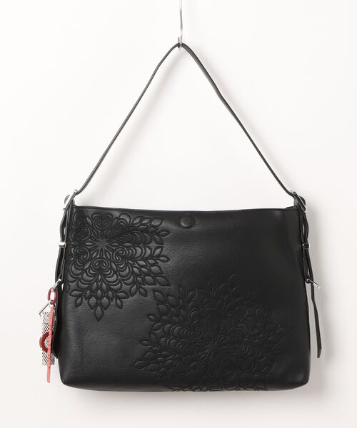Desigual ブラック ショルダーバック Desigual｜刺繍入りミディアムサイズのフェイクレザーショルダー