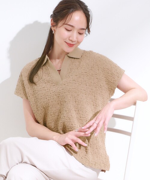 Cutie Blonde(キューティーブロンド)の「【S-LL】一枚で着映え フレンチスリーブ ポロスキッパートップス(Tシャツ/カットソー・レディース・オフホワイト/レッド系1/ブラウン系/ブラック・04/03/02/01)」の4枚目の写真