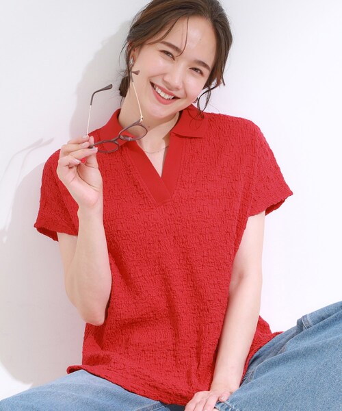 Cutie Blonde(キューティーブロンド)の「【S-LL】一枚で着映え フレンチスリーブ ポロスキッパートップス(Tシャツ/カットソー・レディース・オフホワイト/レッド系1/ブラウン系/ブラック・04/03/02/01)」の1枚目の写真
