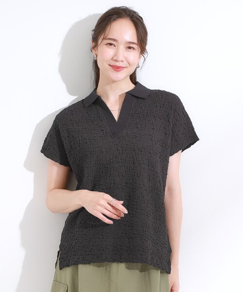Cutie Blonde(キューティーブロンド)の「【S-LL】一枚で着映え フレンチスリーブ ポロスキッパートップス(Tシャツ/カットソー・レディース・オフホワイト/レッド系1/ブラウン系/ブラック・04/03/02/01)」の9枚目の写真