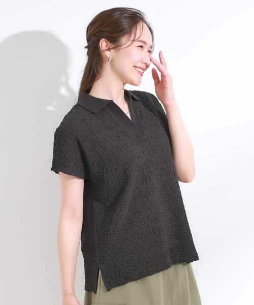 Cutie Blonde(キューティーブロンド)の「【S-LL】一枚で着映え フレンチスリーブ ポロスキッパートップス(Tシャツ/カットソー・レディース・オフホワイト/レッド系1/ブラウン系/ブラック・04/03/02/01)」の10枚目の写真