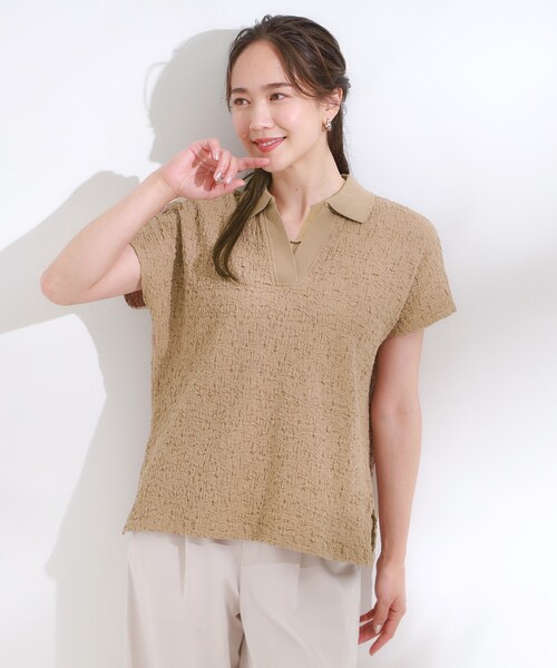 Cutie Blonde(キューティーブロンド)の「【S-LL】一枚で着映え フレンチスリーブ ポロスキッパートップス(Tシャツ/カットソー・レディース・オフホワイト/レッド系1/ブラウン系/ブラック・04/03/02/01)」の13枚目の写真