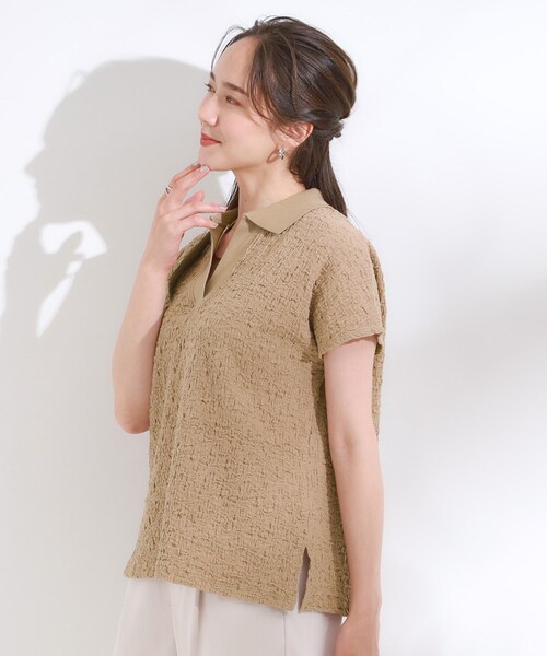 Cutie Blonde(キューティーブロンド)の「【S-LL】一枚で着映え フレンチスリーブ ポロスキッパートップス(Tシャツ/カットソー・レディース・オフホワイト/レッド系1/ブラウン系/ブラック・04/03/02/01)」の14枚目の写真