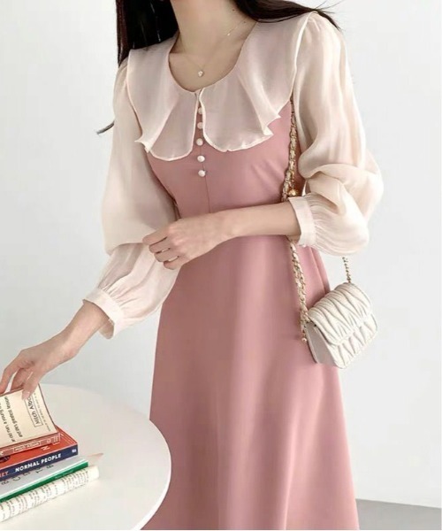 Mejoul(メジュール)の「ビックカラー配色パフスリーブドレス(ワンピース・レディース・ブラック/ピンク・M/L)」の1枚目の写真