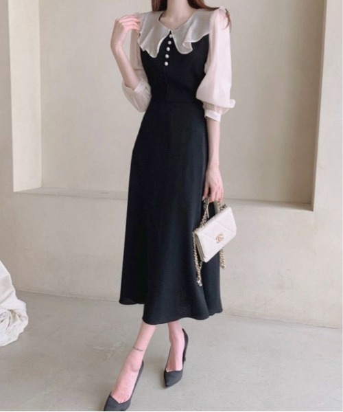 Mejoul(メジュール)の「ビックカラー配色パフスリーブドレス(ワンピース・レディース・ブラック/ピンク・M/L)」の2枚目の写真