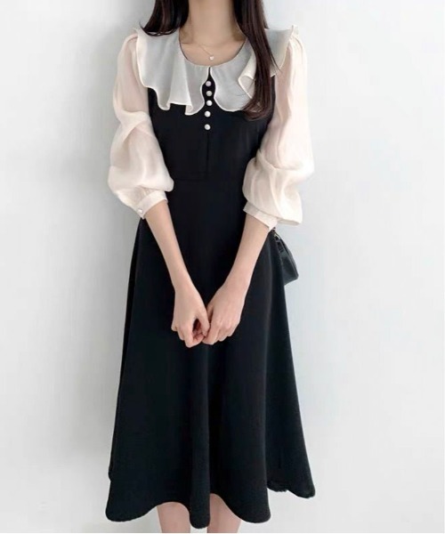 Mejoul(メジュール)の「ビックカラー配色パフスリーブドレス(ワンピース・レディース・ブラック/ピンク・M/L)」の8枚目の写真