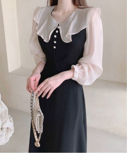 Mejoul(メジュール)の「ビックカラー配色パフスリーブドレス(ワンピース・レディース・ブラック/ピンク・M/L)」の5枚目の写真